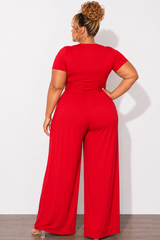 Final Sale Plus Size 2pc Short Sleeve Tie Top and Pants Set in Red