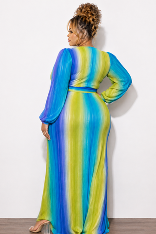 Final Sale Plus Size 2pc Long Sleeve Crop Tie Top and Skirt Set in Pleated Purple, Lime, & Turquoise Queen