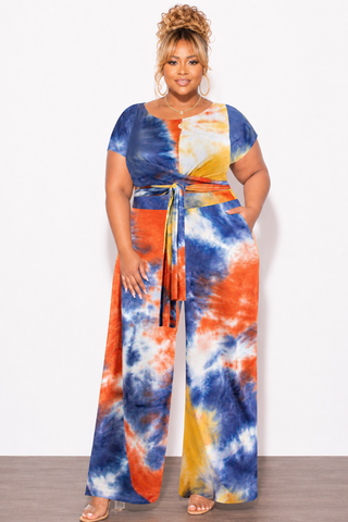 Final Sale Plus Size 2pc Short Sleeve Tie Top and Pants Set in Rust Navy and Mustard Tie Dye Print
