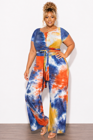 Final Sale Plus Size 2pc Short Sleeve Tie Top and Pants Set in Rust Navy and Mustard Tie Dye Print