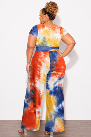 Final Sale Plus Size 2pc Short Sleeve Tie Top and Pants Set in Rust Navy and Mustard Tie Dye Print