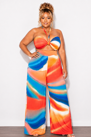 Final Sale Plus Size 2pc Set Self Tie Top & Pants in Red, Royal, Blue and Orange Multi Color Print Summer