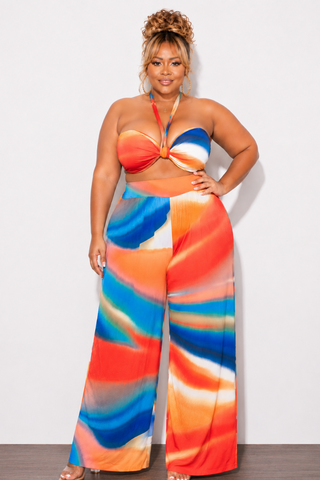 Final Sale Plus Size 2pc Set Self Tie Top & Pants in Red, Royal, Blue and Orange Multi Color Print Summer