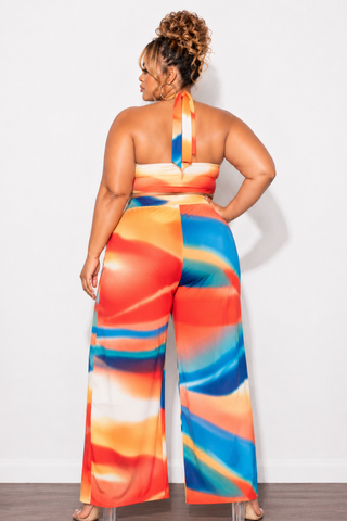 Final Sale Plus Size 2pc Set Self Tie Top & Pants in Red, Royal, Blue and Orange Multi Color Print Summer