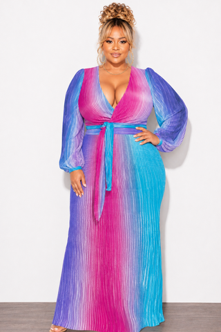 Final Sale Plus Size 2pc Long Sleeve Crop Tie Top and Skirt Set in Pleated Purple Magenta and Turquoise