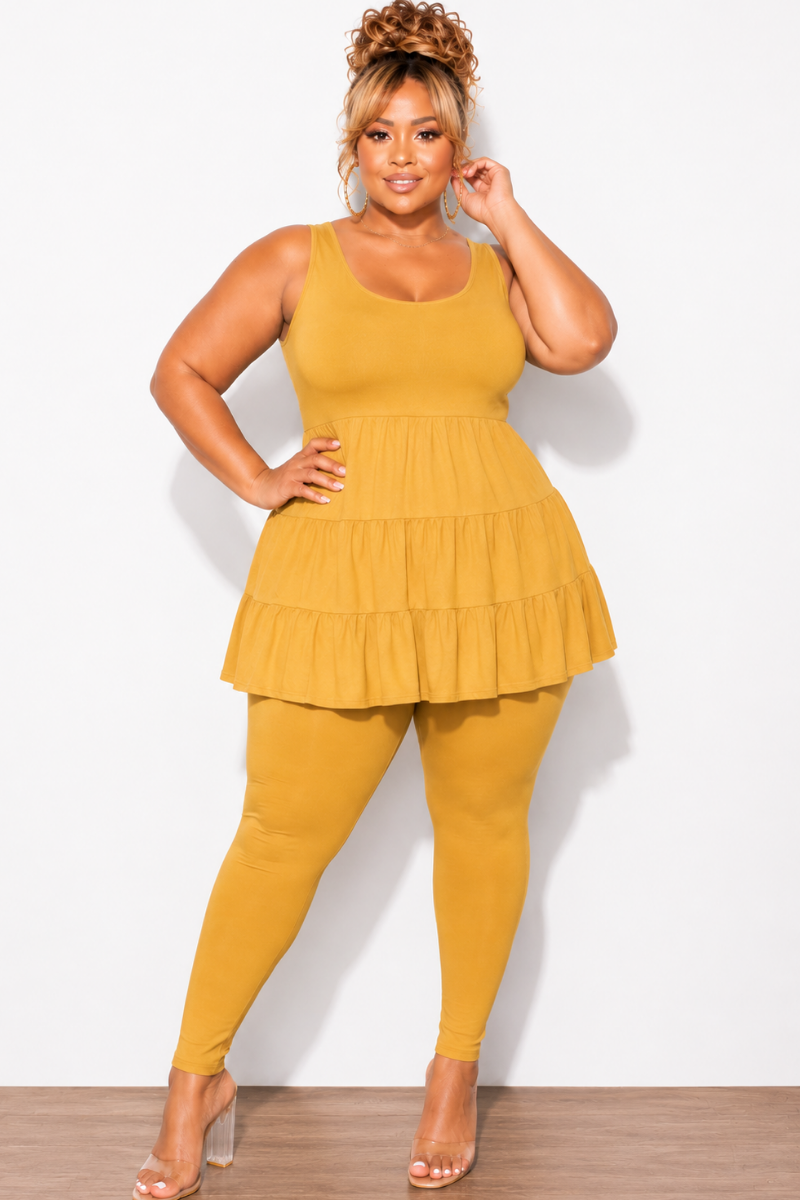 Final Sale Plus Size 2-Piece Sleeveless 3 Tiered Baby Doll Top and Leggings Set in Mustard