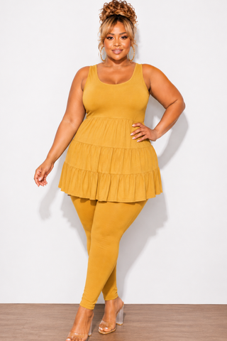 Final Sale Plus Size 2-Piece Sleeveless 3 Tiered Baby Doll Top and Leggings Set in Mustard