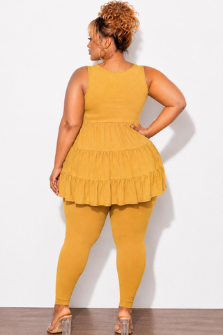 Final Sale Plus Size 2-Piece Sleeveless 3 Tiered Baby Doll Top and Leggings Set in Mustard