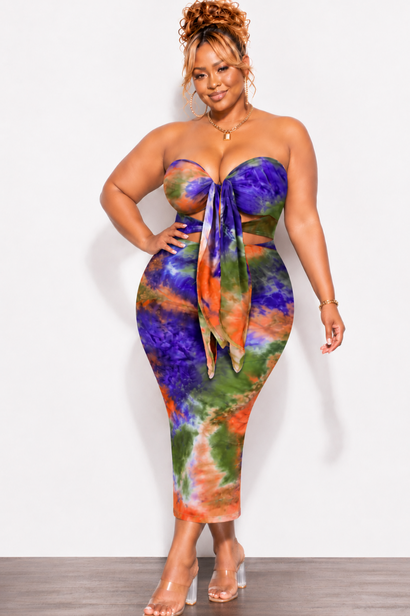 Final Sale Plus Size Strapless Bodycon Dress with Double Tie in Orange, Purple, & Olive Tie Dye