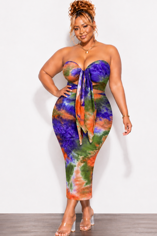 Final Sale Plus Size Strapless Bodycon Dress with Double Tie in Orange, Purple, & Olive Tie Dye