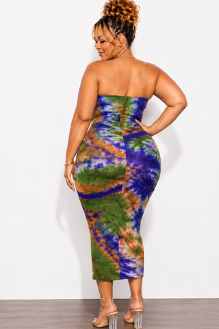 Final Sale Plus Size Strapless Bodycon Dress with Double Tie in Orange, Purple, & Olive Tie Dye