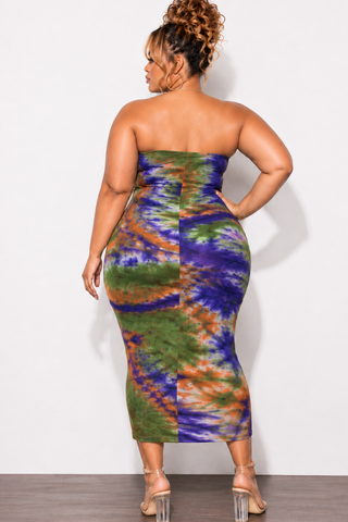 Final Sale Plus Size Strapless Bodycon Dress with Double Tie in Orange, Purple, & Olive Tie Dye