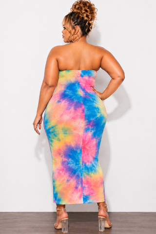 Final Sale Plus Size Strapless Bodycon Dress with Double Tie in Rainbow Cloud Tie Dye Print*
