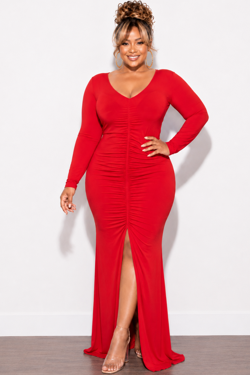 Final Sale Plus Size V-Neck Gown with Center Ruching and Slit in Red