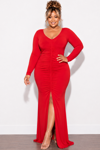Final Sale Plus Size V-Neck Gown with Center Ruching and Slit in Red