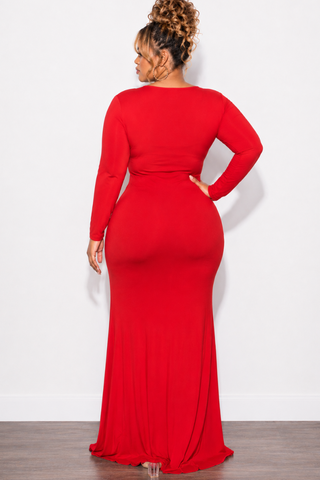 Final Sale Plus Size V-Neck Gown with Center Ruching and Slit in Red