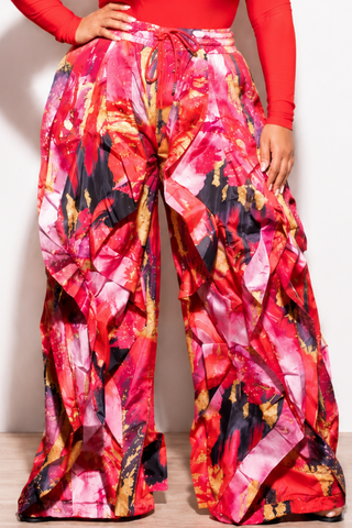 Final Sale Plus Size Oversized Windbreaker Ruffle Trim Wide Leg Pants in Red Design Print