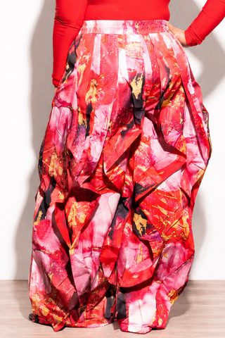 Final Sale Plus Size Oversized Windbreaker Ruffle Trim Wide Leg Pants in Red Design Print