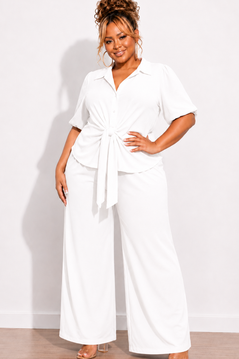 Final Sale Plus Size 2pc Button Up Collar Top and Pants Set in Off White Linen