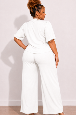 Final Sale Plus Size 2pc Button Up Collar Top and Pants Set in Off White Linen