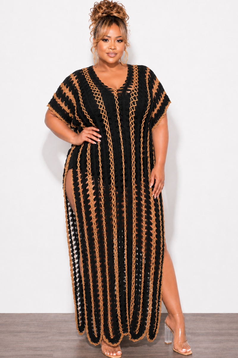 Final Sale Plus Size Crochet Cover Up in Black & Tan