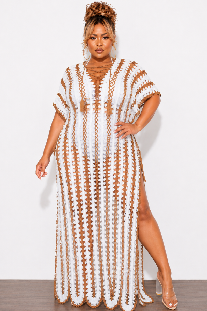 Final Sale Plus Size Crochet Cover Up in White & Tan – Chic And Curvy