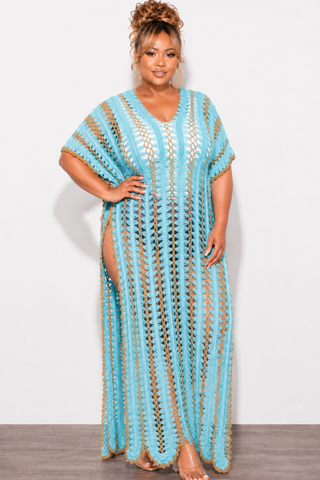 Final Sale Plus Size Crochet Cover Up in Aqua & Tan