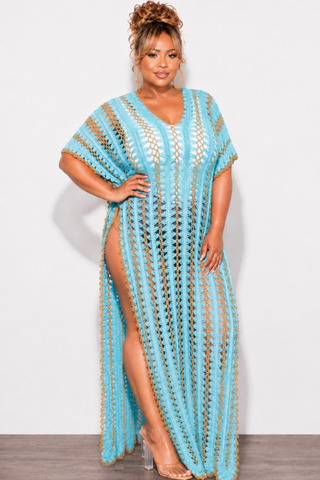 Final Sale Plus Size Crochet Cover Up in Aqua & Tan