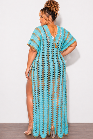 Final Sale Plus Size Crochet Cover Up in Aqua & Tan