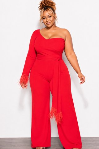 Final Sale Plus Size One Shoulder Long Sleeve Feather Cuff Jumpsuit with Tie in Red