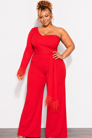 Final Sale Plus Size One Shoulder Long Sleeve Feather Cuff Jumpsuit with Tie in Red