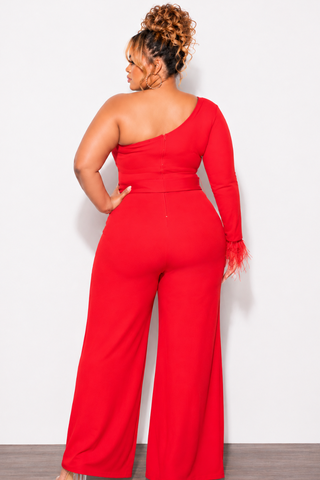 Final Sale Plus Size One Shoulder Long Sleeve Feather Cuff Jumpsuit with Tie in Red