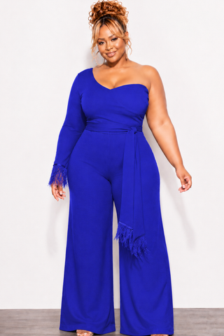 Final Sale Plus Size One Shoulder Long Sleeve Feather Cuff Jumpsuit with Tie in Royal Blue