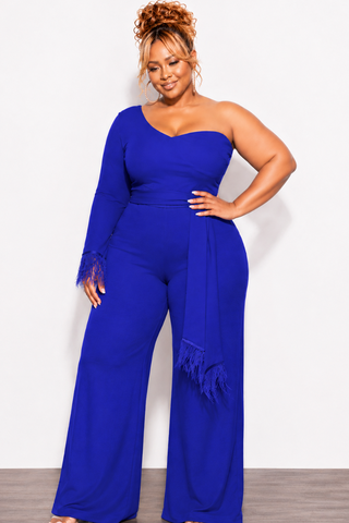 Final Sale Plus Size One Shoulder Long Sleeve Feather Cuff Jumpsuit with Tie in Royal Blue