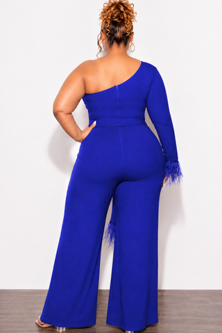 Final Sale Plus Size One Shoulder Long Sleeve Feather Cuff Jumpsuit with Tie in Royal Blue