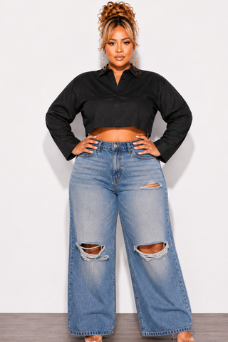 Final Sale Plus Size Long Sleeve Collar Button Up Cropped Poplin Top