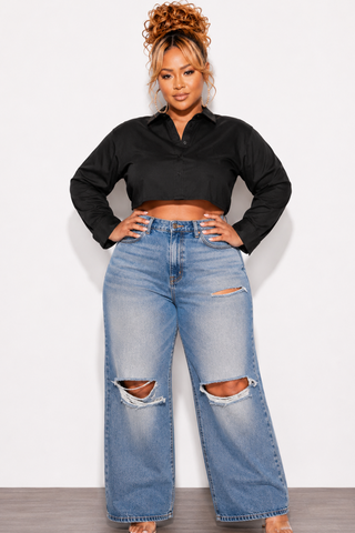Final Sale Plus Size Long Sleeve Collar Button Up Cropped Poplin Top
