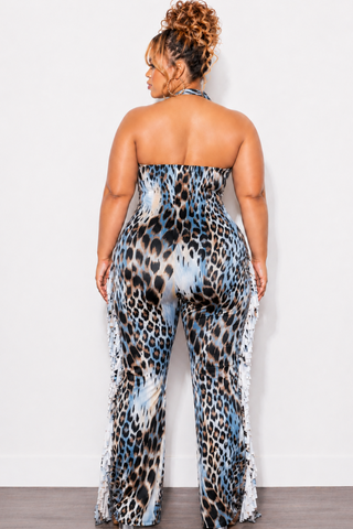 Final Sale Plus Size Halter Fringe Jumpsuit in Blue Animal Print
