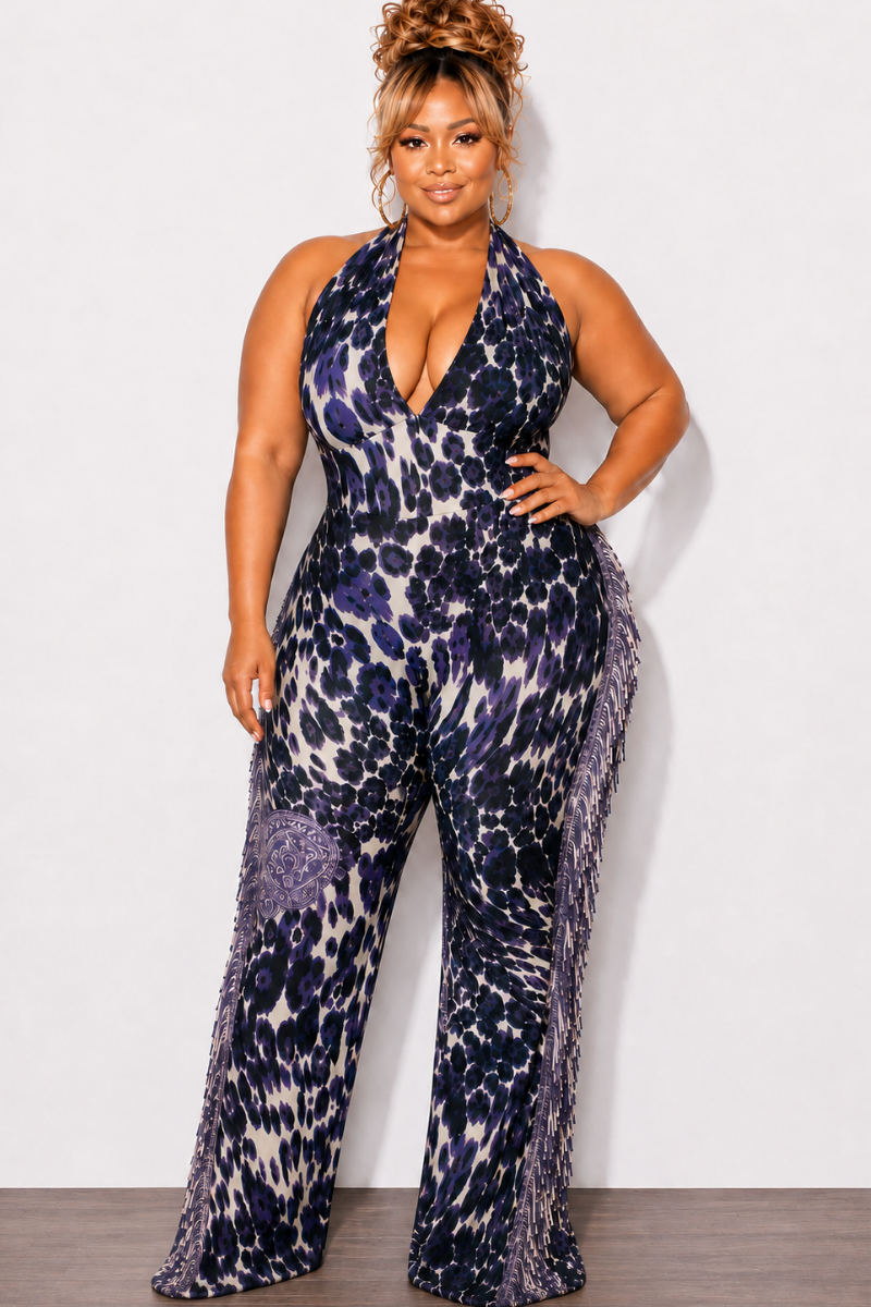 Final Sale Plus Size Halter Fringe Jumpsuit in Purple Print
