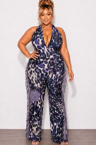 Final Sale Plus Size Halter Fringe Jumpsuit in Purple Print