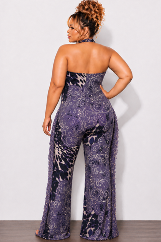 Final Sale Plus Size Halter Fringe Jumpsuit in Purple Print