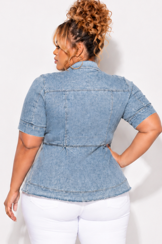 Final Sale Plus Size Collar Button Up Peplum Top in Acid Washed Denim
