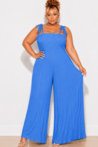Final Sale Plus Size Oversized Jumpsuit with Self Tie Straps in Blue
