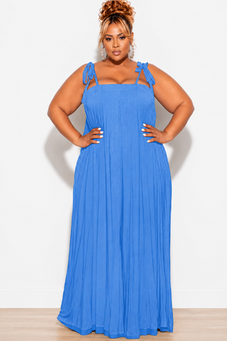 Final Sale Plus Size Oversized Jumpsuit with Self Tie Straps in Blue