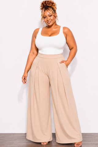 Final Sale Plus Size High-Waist Pleated Wide Leg Slacks in Tan (Pants Only)