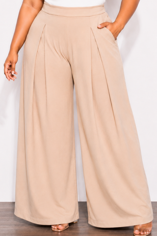 Final Sale Plus Size High-Waist Pleated Wide Leg Slacks in Tan (Pants Only)