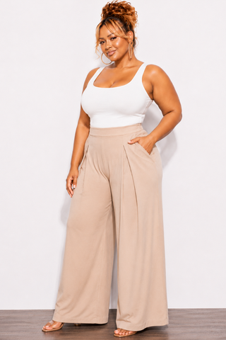 Final Sale Plus Size High-Waist Pleated Wide Leg Slacks in Tan (Pants Only)