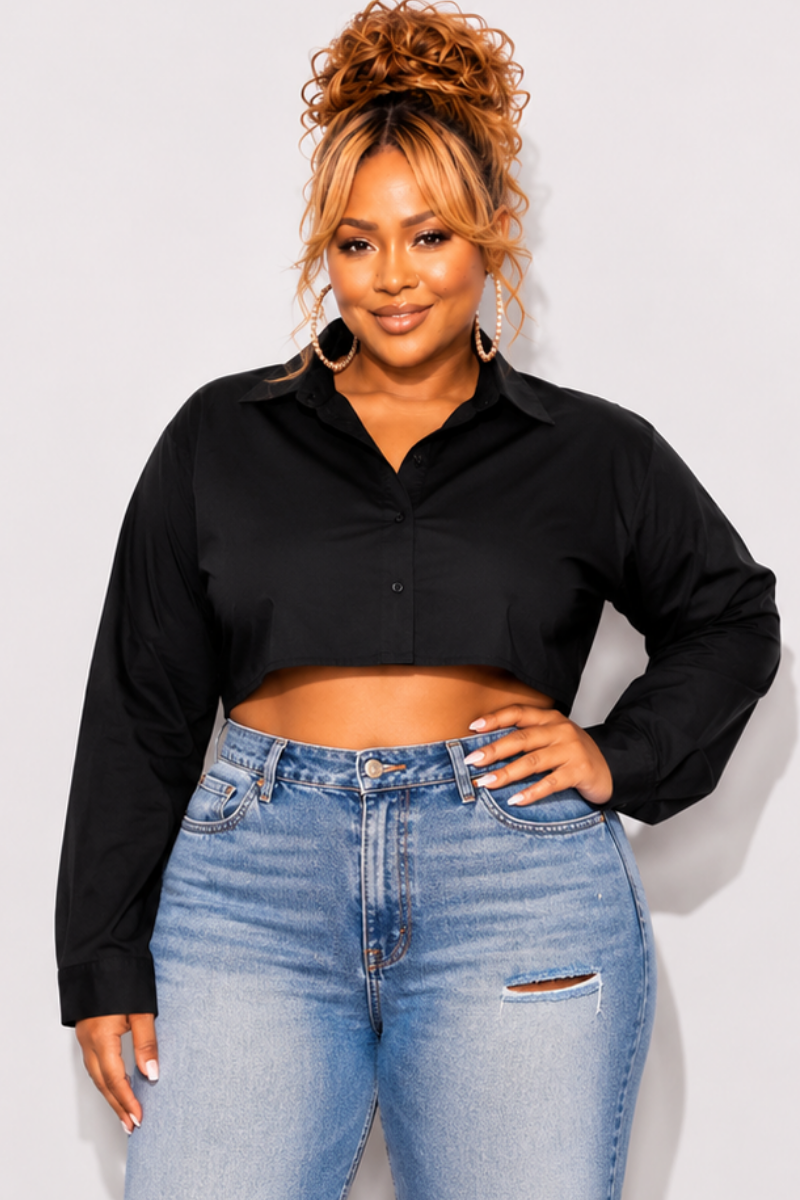 Final Sale Plus Size Long Sleeve Collar Button Up Cropped Poplin Top