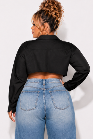 Final Sale Plus Size Long Sleeve Collar Button Up Cropped Poplin Top