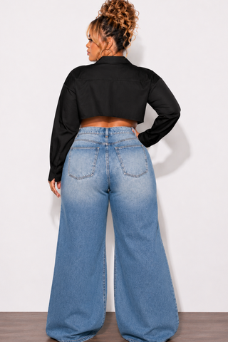 Final Sale Plus Size Long Sleeve Collar Button Up Cropped Poplin Top